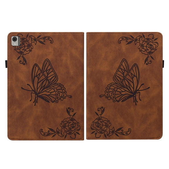 For Nokia T21 Butterfly Flower Embossed Leather Tablet Case(Brown)