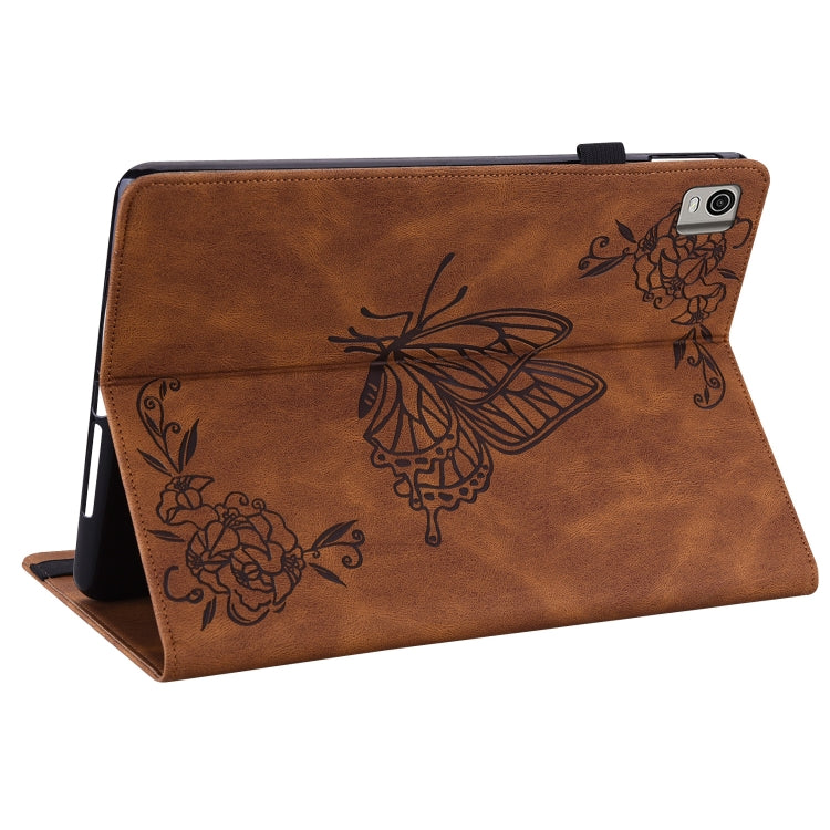 For Nokia T21 Butterfly Flower Embossed Leather Tablet Case(Brown)