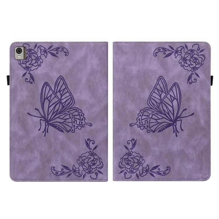 For Nokia T21 Butterfly Flower Embossed Leather Tablet Case(Purple)