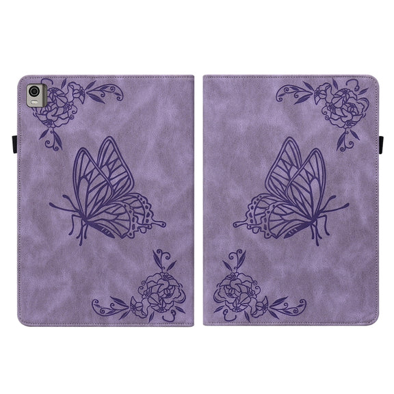 For Nokia T21 Butterfly Flower Embossed Leather Tablet Case(Purple)