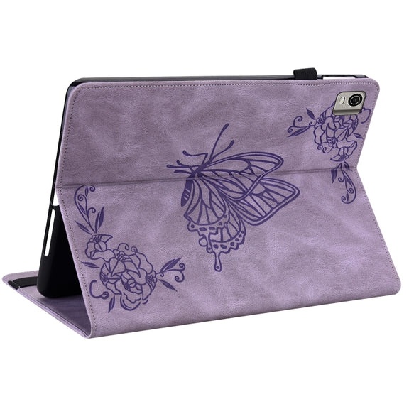 For Nokia T21 Butterfly Flower Embossed Leather Tablet Case(Purple)