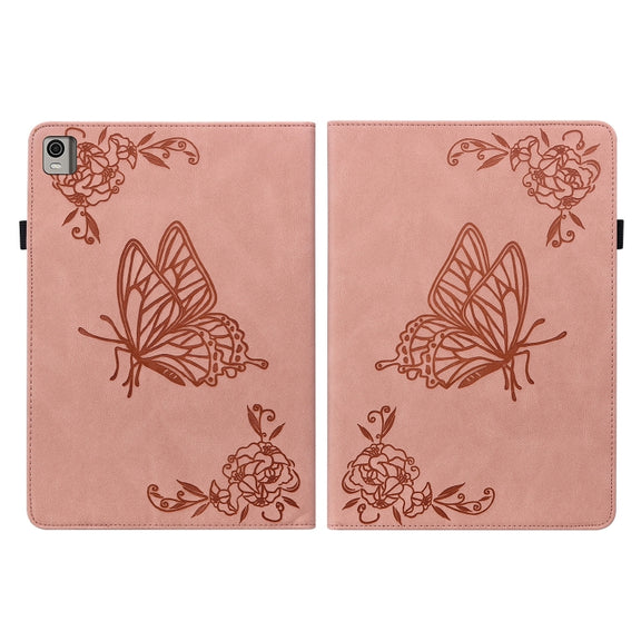 For Nokia T21 Butterfly Flower Embossed Leather Tablet Case(Rose Gold)