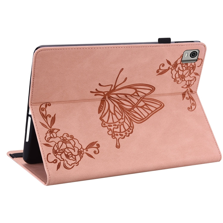 For Nokia T21 Butterfly Flower Embossed Leather Tablet Case(Rose Gold)
