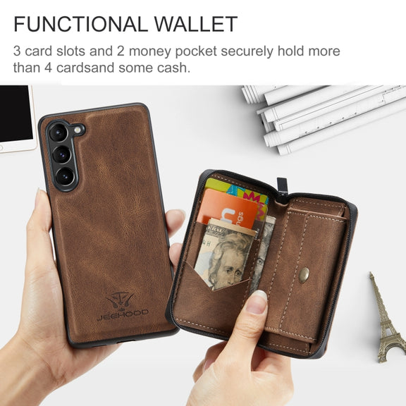 For Samsung Galaxy S24 5G JEEHOOD Magnetic Zipper Horizontal Flip Leather Phone Case(Brown)