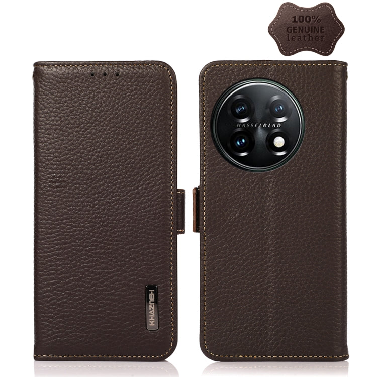 For OnePlus 11 KHAZNEH Side-Magnetic Litchi Genuine Leather RFID Phone Case(Brown)