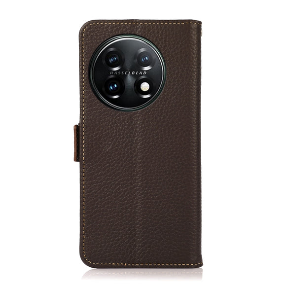 For OnePlus 11 KHAZNEH Side-Magnetic Litchi Genuine Leather RFID Phone Case(Brown)