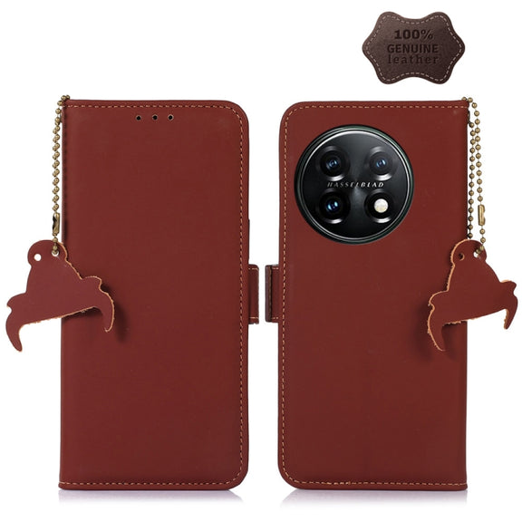 For OnePlus 11 Genuine Leather Magnetic RFID Leather Phone Case(Coffee)