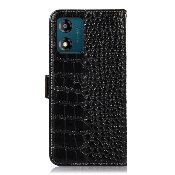 For Motorola Moto E13 4G 2023 Crocodile Top Layer Cowhide RFID Leather Phone Case(Black)