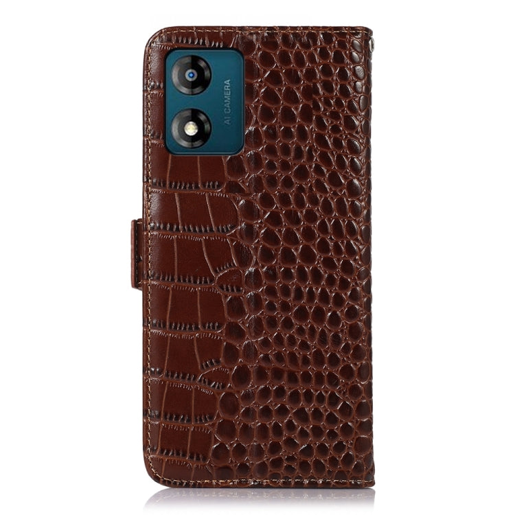 For Motorola Moto E13 4G 2023 Crocodile Top Layer Cowhide RFID Leather Phone Case(Brown)
