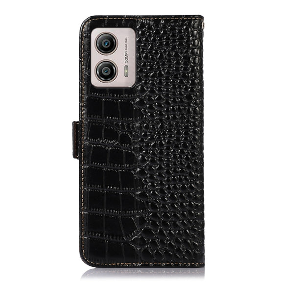 For Motorola Moto G53 5G Crocodile Top Layer Cowhide RFID Leather Phone Case(Black)