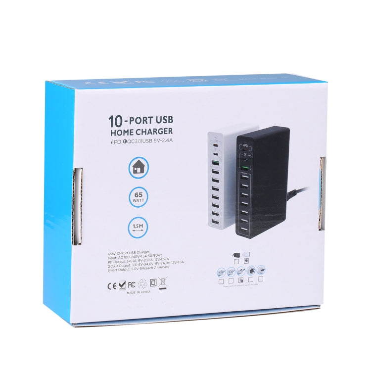 MFT-03Q 10 in 1 65W QC3.0 USB Smart Fast Charger, Plug Type:US Plug(White)