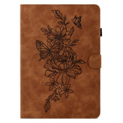 For Amazon Kindle 11th 2022 Peony Butterfly Embossed Leather Smart Tablet Case(Brown)
