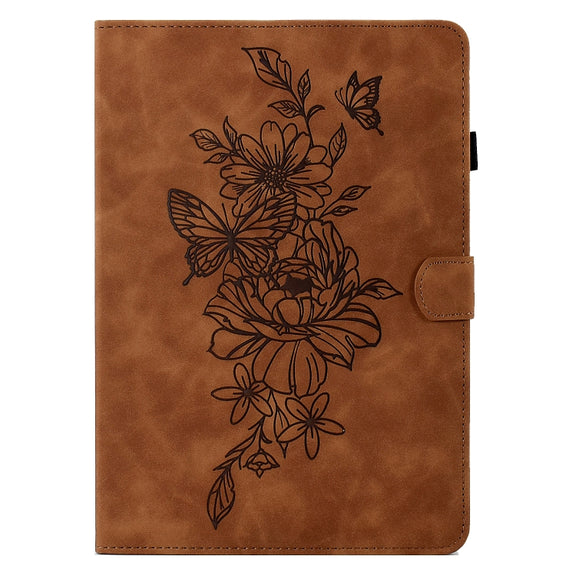 For Amazon Kindle 11th 2022 Peony Butterfly Embossed Leather Smart Tablet Case(Brown)