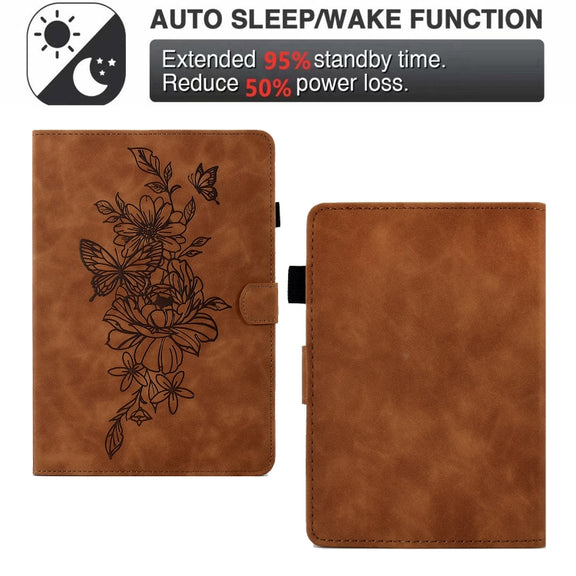 For Amazon Kindle 11th 2022 Peony Butterfly Embossed Leather Smart Tablet Case(Brown)
