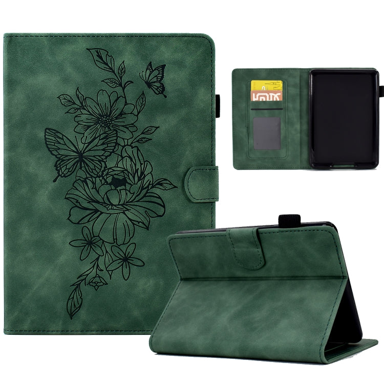 For Amazon Kindle 11th 2024 / 2022 Peony Butterfly Embossed Leather Smart Tablet Case(Green)