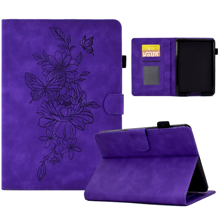 For Amazon Kindle 11th 2022 Peony Butterfly Embossed Leather Smart Tablet Case(Purple)