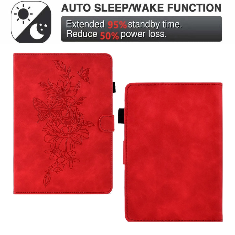 For Amazon Kindle 11th 2022 Peony Butterfly Embossed Leather Smart Tablet Case(Red)