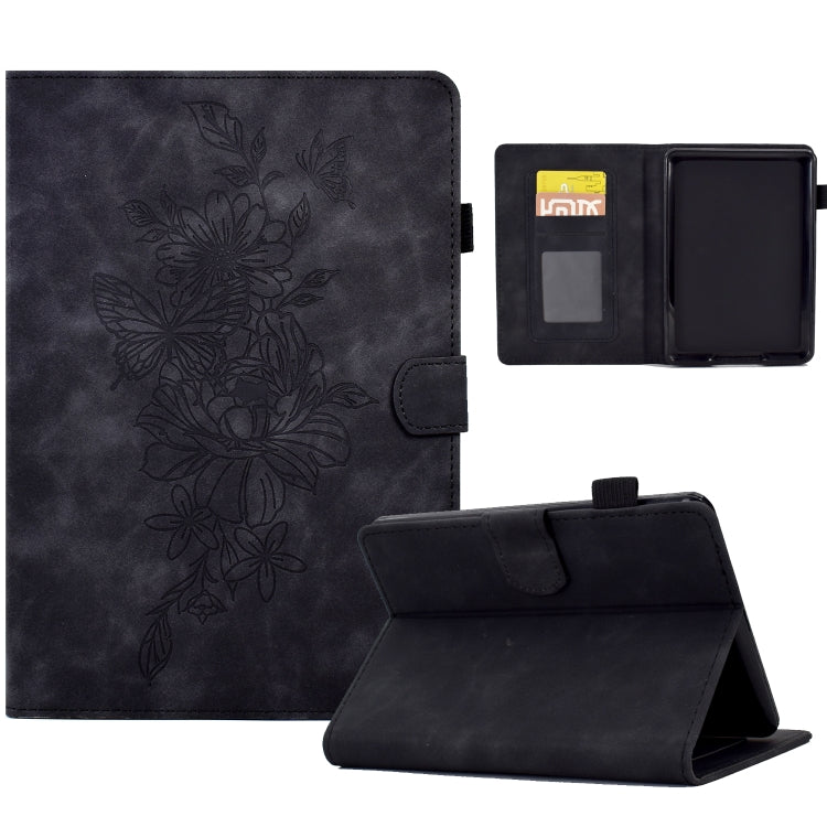 For Amazon Kindle 11th 2024 / 2022 Peony Butterfly Embossed Leather Smart Tablet Case(Black)