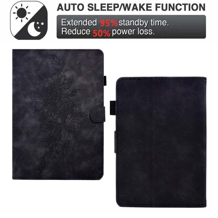 For Amazon Kindle 11th 2024 / 2022 Peony Butterfly Embossed Leather Smart Tablet Case(Black)