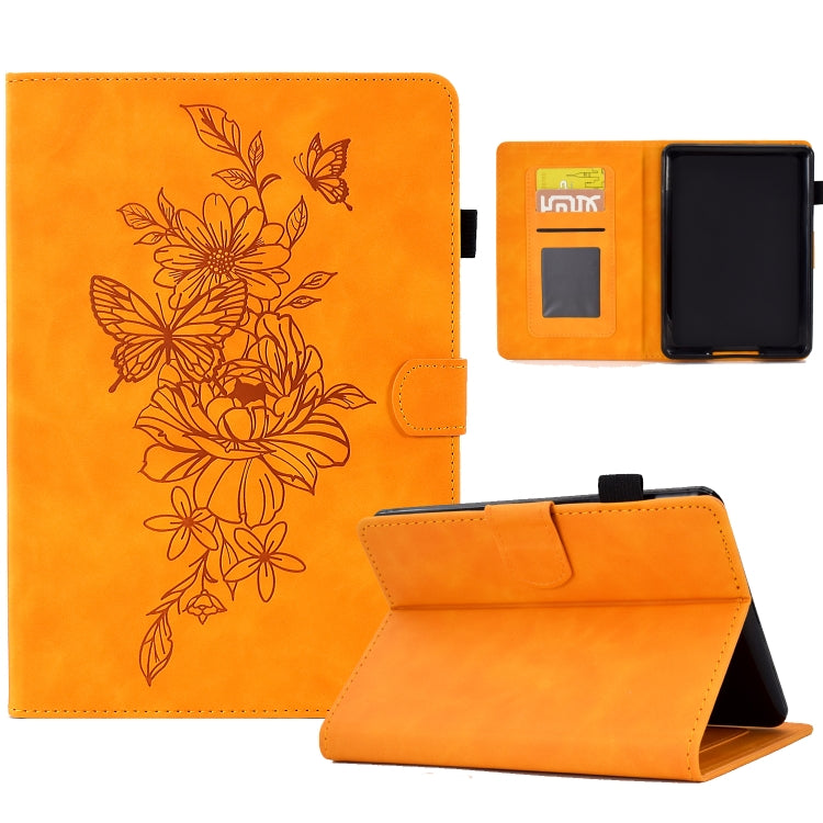 For Amazon Kindle 11th 2022 Peony Butterfly Embossed Leather Smart Tablet Case(Khaki)