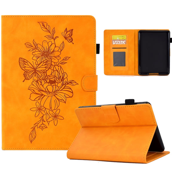 For Amazon Kindle 11th 2022 Peony Butterfly Embossed Leather Smart Tablet Case(Khaki)