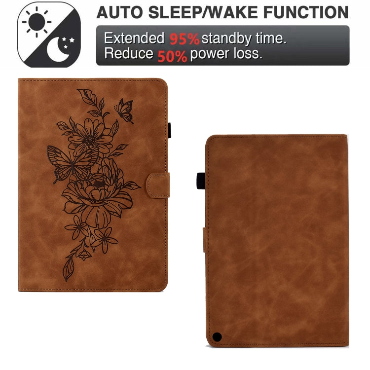 For Amazon Kindle Fire HD8 2022 Peony Butterfly Embossed Leather Smart Tablet Case(Brown)