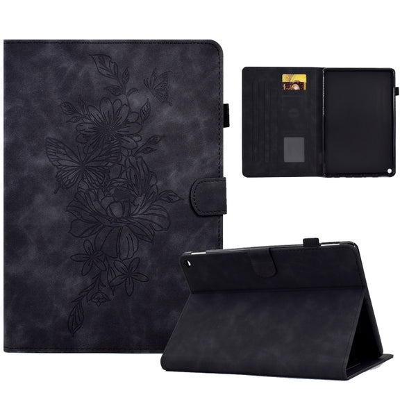 For Amazon Kindle Fire HD8 2022 Peony Butterfly Embossed Leather Smart Tablet Case(Black)