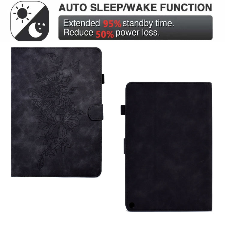 For Amazon Kindle Fire HD8 2022 Peony Butterfly Embossed Leather Smart Tablet Case(Black)