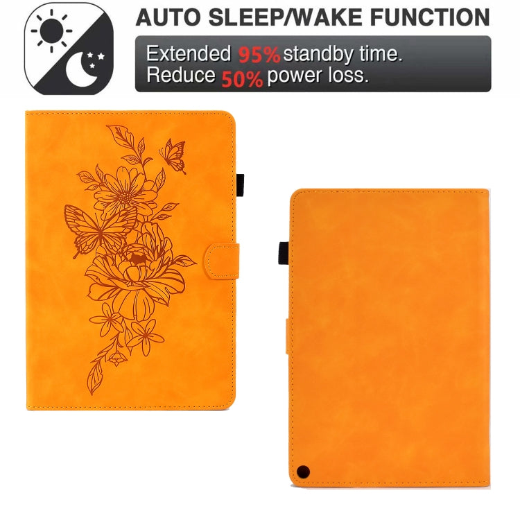 For Amazon Kindle Fire HD8 2022 Peony Butterfly Embossed Leather Smart Tablet Case(Khaki)