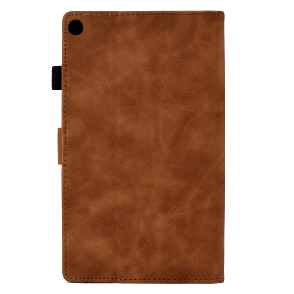 For Amazon Kindle Fire HD8 2018/2017/2016 Peony Butterfly Embossed Leather Smart Tablet Case(Brown)