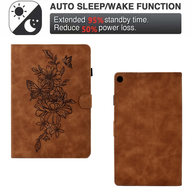 For Amazon Kindle Fire HD8 2018/2017/2016 Peony Butterfly Embossed Leather Smart Tablet Case(Brown)
