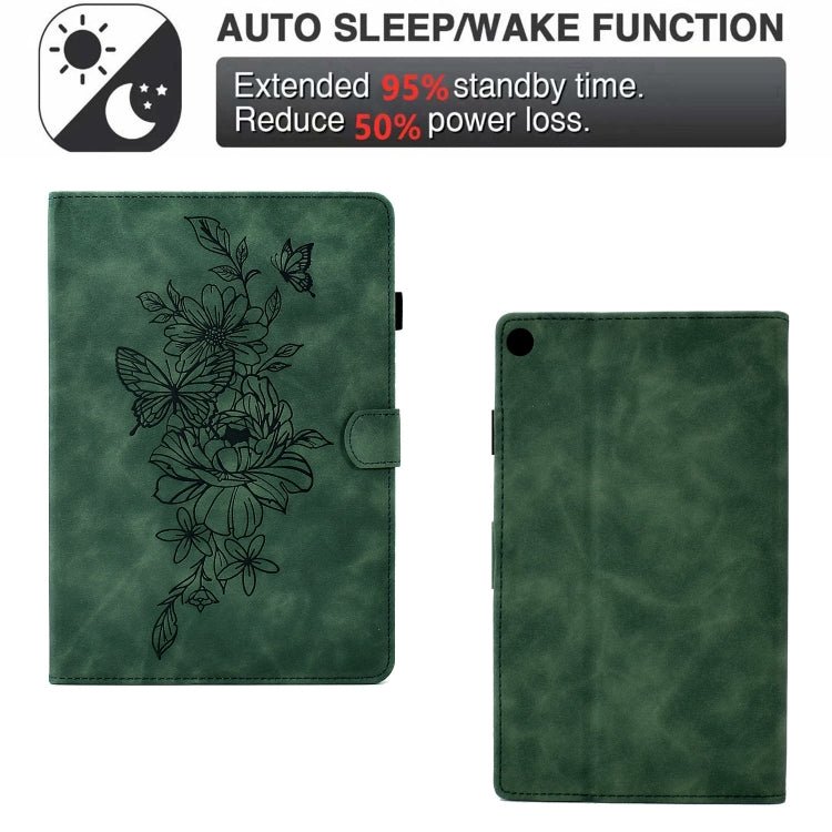 For Amazon Kindle Fire HD8 2018/2017/2016 Peony Butterfly Embossed Leather Smart Tablet Case(Green)