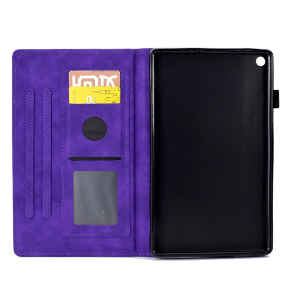 For Amazon Kindle Fire HD8 2018/2017/2016 Peony Butterfly Embossed Leather Smart Tablet Case(Purple)
