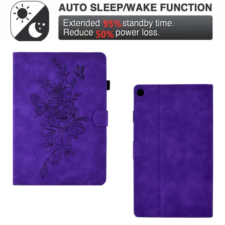 For Amazon Kindle Fire HD8 2018/2017/2016 Peony Butterfly Embossed Leather Smart Tablet Case(Purple)