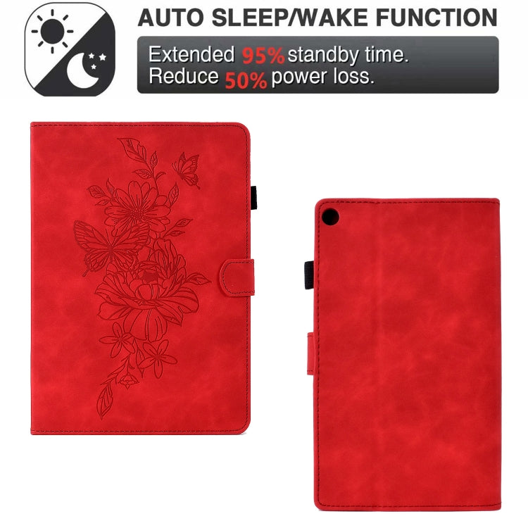 For Amazon Kindle Fire HD8 2018/2017/2016 Peony Butterfly Embossed Leather Smart Tablet Case(Red)