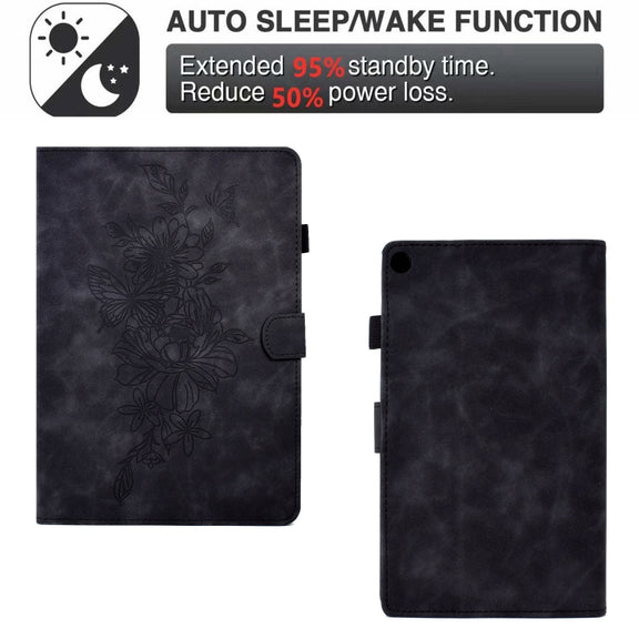 For Amazon Kindle Fire HD8 2018/2017/2016 Peony Butterfly Embossed Leather Smart Tablet Case(Black)