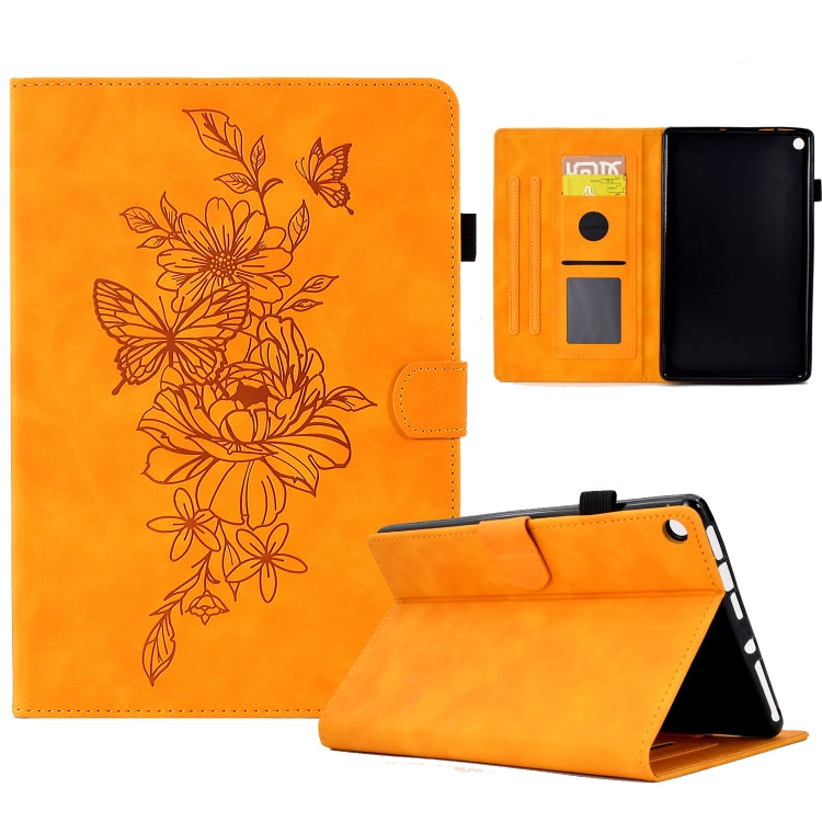 For Amazon Kindle Fire HD8 2018/2017/2016 Peony Butterfly Embossed Leather Smart Tablet Case(Khaki)