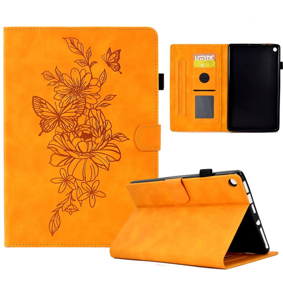 For Amazon Kindle Fire HD8 2018/2017/2016 Peony Butterfly Embossed Leather Smart Tablet Case(Khaki)