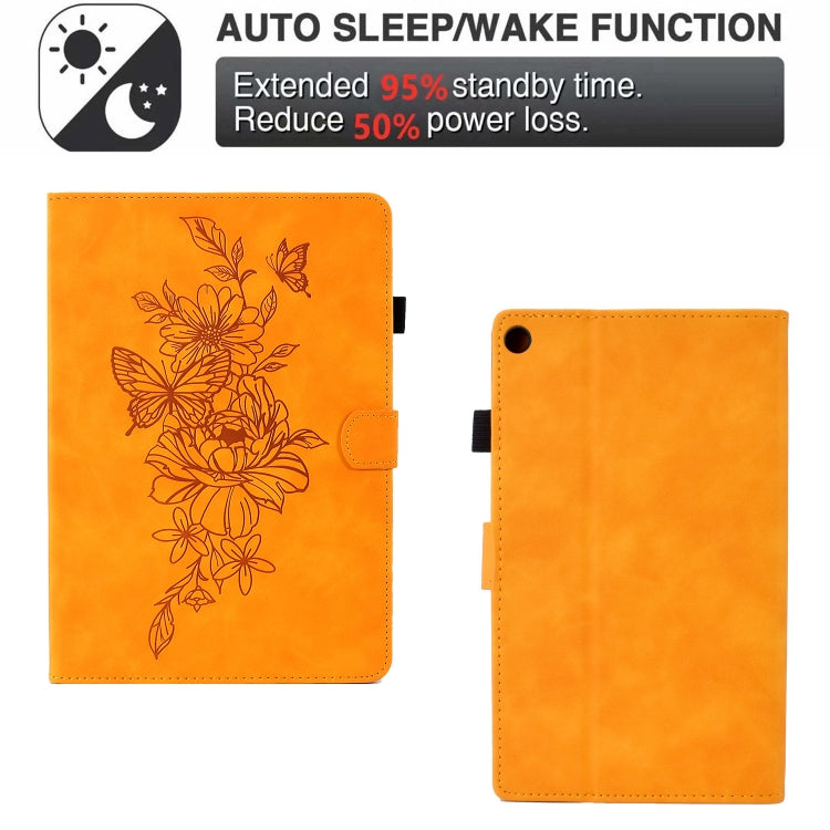 For Amazon Kindle Fire HD8 2018/2017/2016 Peony Butterfly Embossed Leather Smart Tablet Case(Khaki)