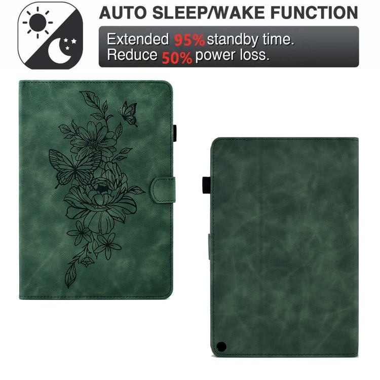 For Amazon Kindle Fire HD8 2020 Peony Butterfly Embossed Leather Smart Tablet Case(Green)