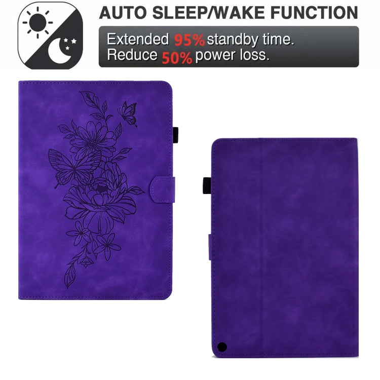 For Amazon Kindle Fire HD8 2020 Peony Butterfly Embossed Leather Smart Tablet Case(Purple)