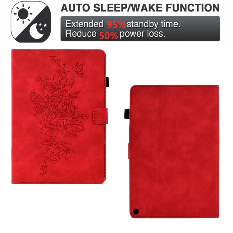 For Amazon Kindle Fire HD8 2020 Peony Butterfly Embossed Leather Smart Tablet Case(Red)