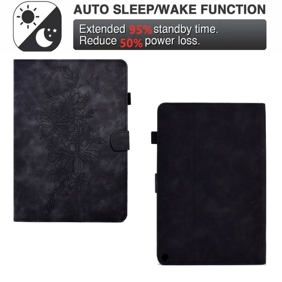 For Amazon Kindle Fire HD8 2020 Peony Butterfly Embossed Leather Smart Tablet Case(Black)