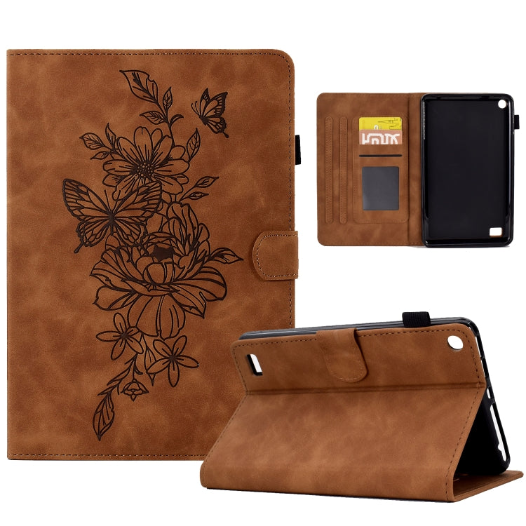 For Amazon Kindle Fire 7 2019/2017/2015 Peony Butterfly Embossed Leather Smart Tablet Case(Brown)