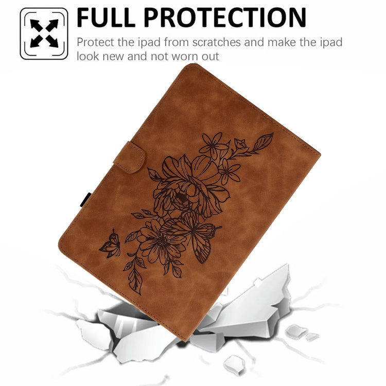 For Amazon Kindle Fire 7 2019/2017/2015 Peony Butterfly Embossed Leather Smart Tablet Case(Brown)