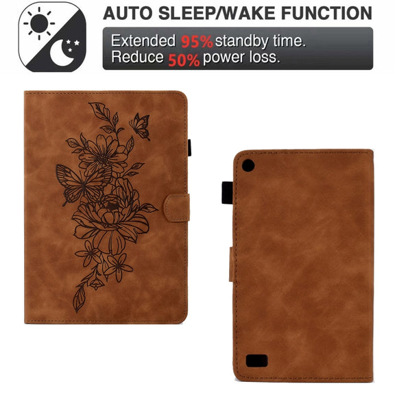 For Amazon Kindle Fire 7 2019/2017/2015 Peony Butterfly Embossed Leather Smart Tablet Case(Brown)