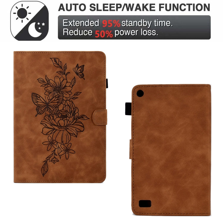 For Amazon Kindle Fire 7 2019/2017/2015 Peony Butterfly Embossed Leather Smart Tablet Case(Brown)