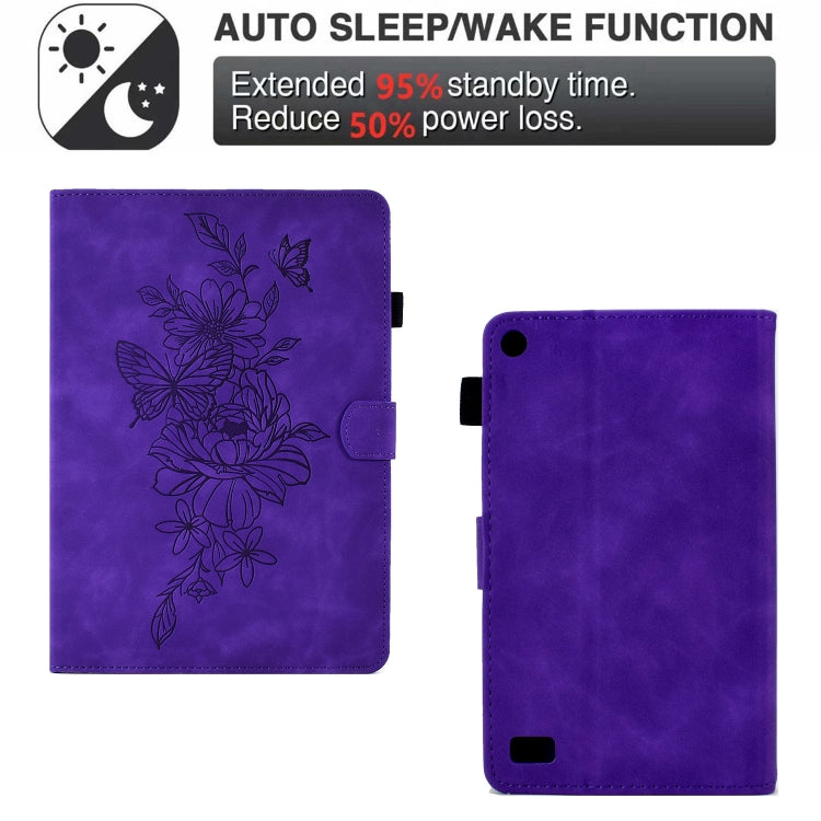 For Amazon Kindle Fire 7 2019/2017/2015 Peony Butterfly Embossed Leather Smart Tablet Case(Purple)