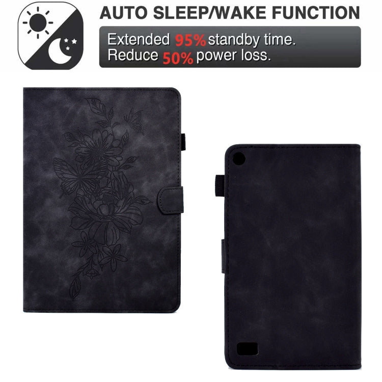 For Amazon Kindle Fire 7 2019/2017/2015 Peony Butterfly Embossed Leather Smart Tablet Case(Black)