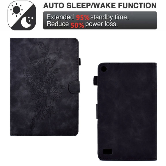 For Amazon Kindle Fire 7 2019/2017/2015 Peony Butterfly Embossed Leather Smart Tablet Case(Black)